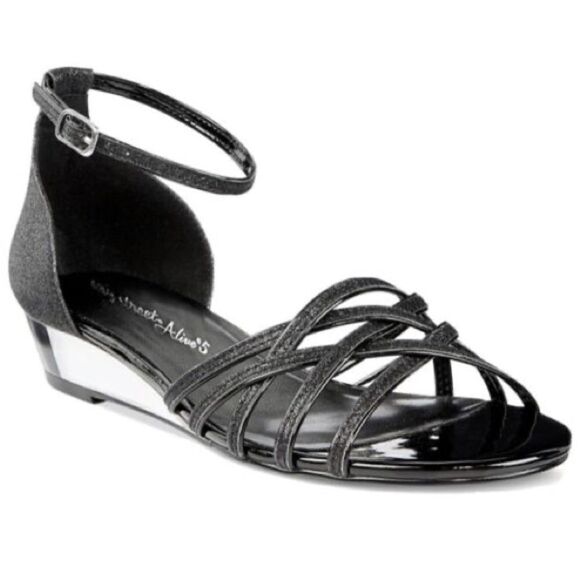 Easy Street Alive @ 5 Tarrah Evening Low Wedge Black Glitter Sandals 7.5W New - Picture 1 of 8
